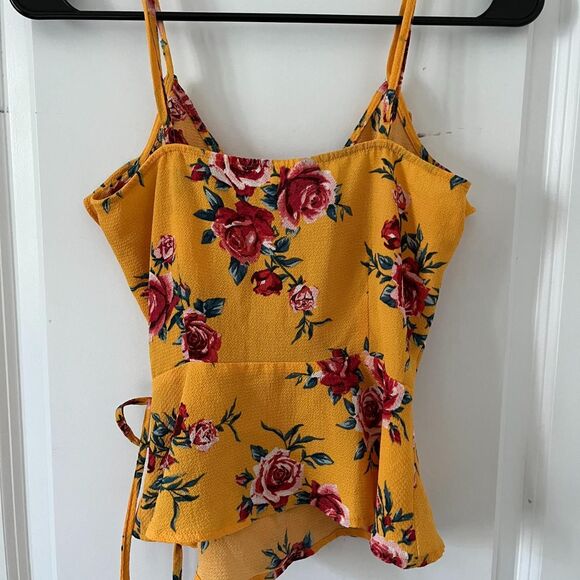 H&M Mustard Yellow Kimono Wrap Cami with Floral Print & Ruffles - Picture 4 of 6